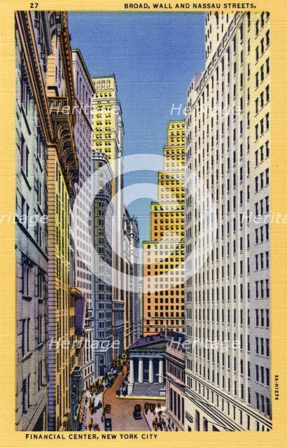 Broad, Wall and Nassau Streets, New York City, New York, USA, 1933. Artist: Unknown