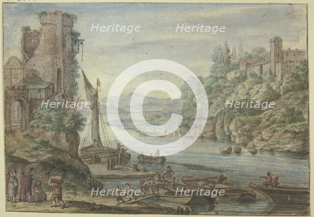 River area, old tower, ships being unloaded. Creator: Herman Saftleven the Younger.