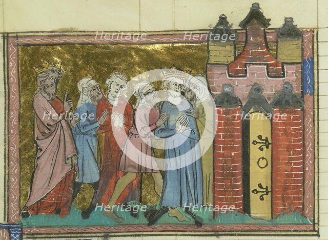 Arrest of Louis IX (From "Li rommans de Godefroy de Buillon et de Salehadin"), 1337. Creator: Maître de Fauvel (active 1314-1340).