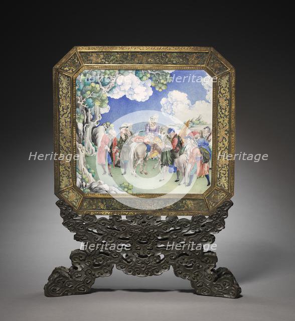 Screen with European Figures (obverse) and Landscape (reverse) with Stand, 1736-1795. Creator: Unknown.