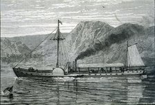 The Clermont, the first steamboat manufactured by Robert Fulton, sailing up the Hudson River...,1807 Creator: Unknown.