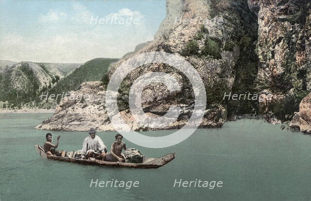 Crossing the Katun River on a Dugout Canoe near Dzhir-Bom, Above the Mouth of the Chui..., 1911-13. Creator: Sergei Ivanovich Borisov.