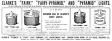 Advertisement for Clarke’s "Pyramid" & "Fairy" Light Company, 1890. Creator: Unknown.