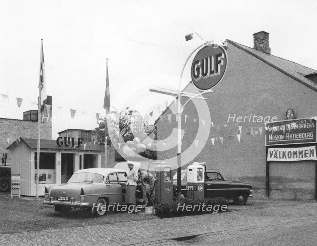 Gulf petrol station, Trelleborg, Sweden, 1955. Artist: Unknown