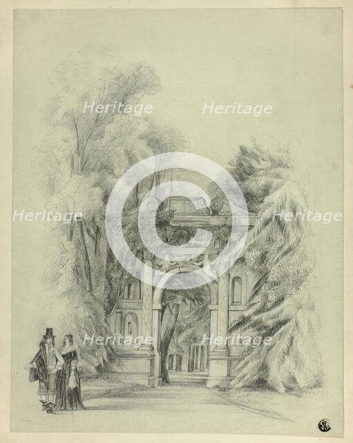 Couple in 17th Century Dress Standing Before Entrance to Park, 1864. Creator: Charles de Anson.