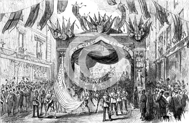 The Lord Mayor's Procession: Arch in Broad-Street - the American flag, 1881. Creator: Unknown.