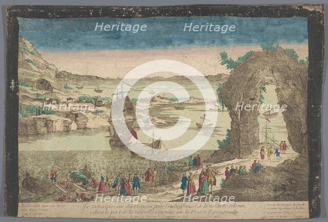 View of arrival of the French in the port of Cayenne to establish a new settlement., 1762. Creator: Anon.