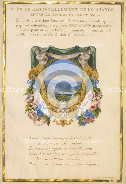 Escutcheon with a Landscape; Nine Emblems for Louis XIV; Emblem for Louis XIV, about 1663-1668. Creator: Jacques Bailly.
