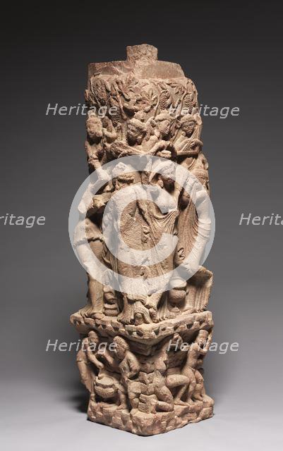 Corner Railing Pillar with Drinking Scenes, Yakshis, and Musicians, 100s. Creator: Unknown.