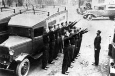 British Union of Fascists' Mobile Defence Squad parades its van at Black House, Chelsea, c1934. Artist: Unknown