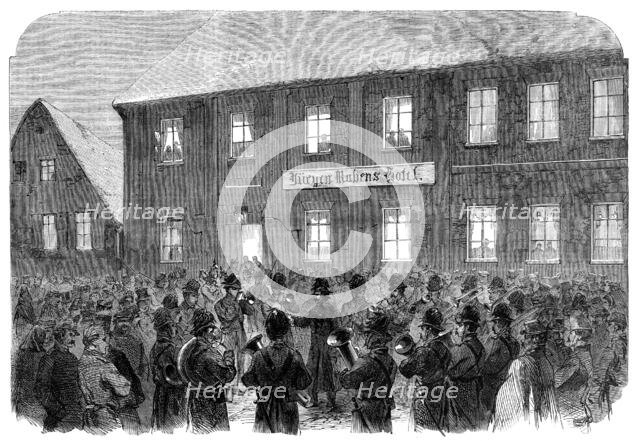 The War in Schleswig: band playing before Marshal Wrangel's head-quarters at Hadersleben..., 1864. Creator: Unknown.