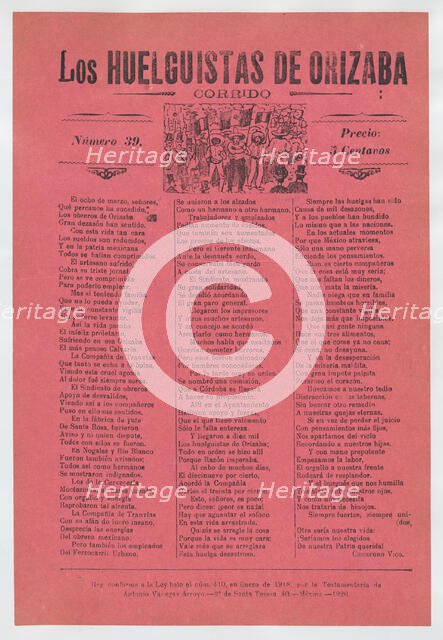 Broadsheet relating to a workers' strike in Orizaba, workers holding up the Me..., 1920 (published). Creator: José Guadalupe Posada.