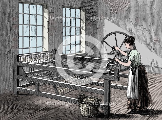 Woman using a Spinning Jenny, c1880. Artist: Unknown.