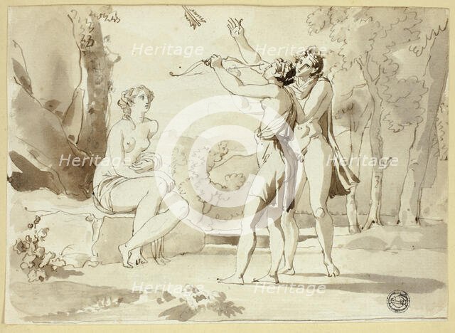 Woman Shooting an Arrow, with Two Companions, 1584/94. Creator: Juan Cristobal.