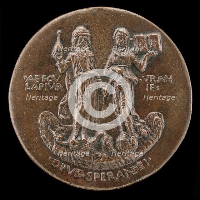 Aesculapius, Standing on a Dragon, and Urania on a Globe [reverse], c. 1472. Creator: Sperandio Savelli.