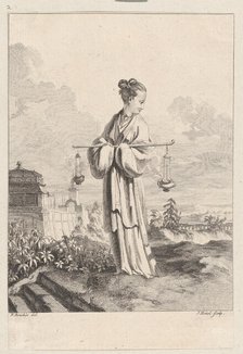 Chinoiserie with a female figure holding burning perfumes, from Suite de Figures Chinoi..., 1755-76. Creator: Jean-Pierre Houel.