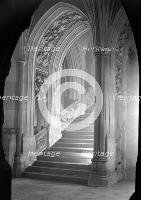 Staircase in the John Rylands Library, Deansgate, University of Manchester, 1942. Artist: GB Wood