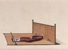 A Chinese man confined to a contraption similar to stocks which constrains the movement... Creator: Unknown.