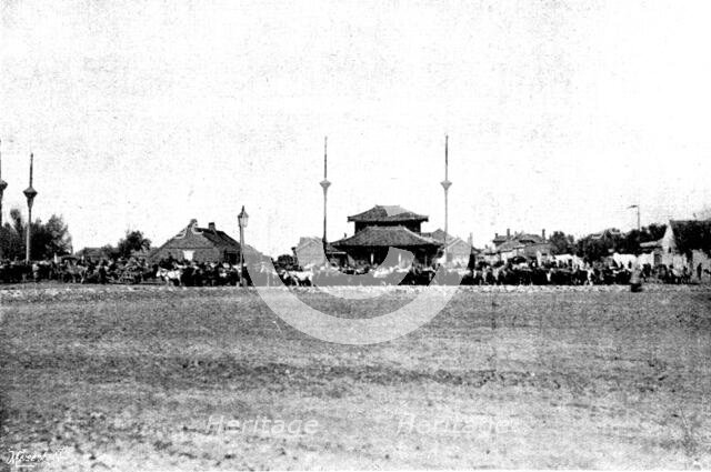 Chinese ammunition train starting from Niuchuang for the front; captured by Japanese..., 1895. Creator: George Meisenbach.
