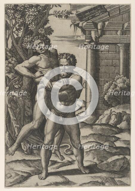 Hercules holding Antaeus by the waist and lifting him off his feet, ca. 1520-22.. Creator: Marcantonio Raimondi.