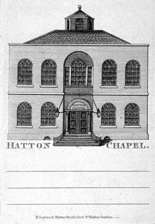 Front view of Hatton Chapel, Hatton Garden, London, c1750.                        Artist: Anon