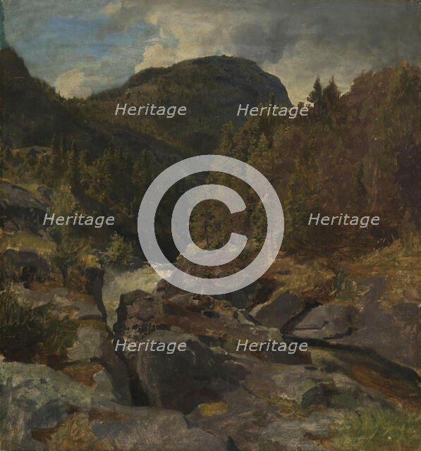 Landscape with Waterfall, probably 1850. Creator: Hans Gude.