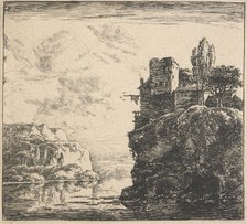Eight landscapes. Plate 8: A house on a cliff overlooking a lake, 1640-51. Creator: Herman Naiwincx.