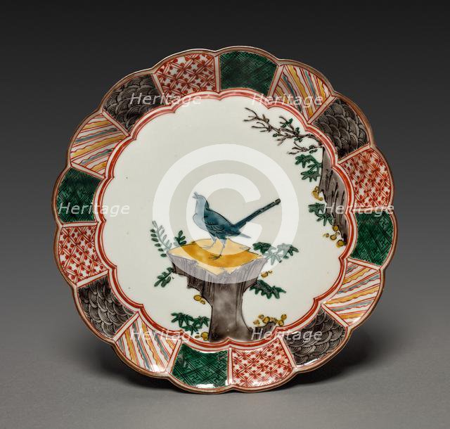 One of a Pair of Dishes with Singing Bird on a Rock: In Ko Kutani Style, 18th century. Creator: Unknown.
