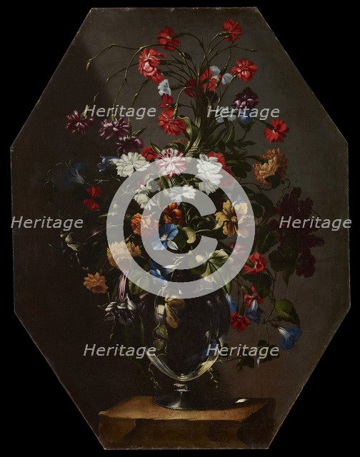 Carnations, dahlias and hyacinths in a vase, c. 1670.