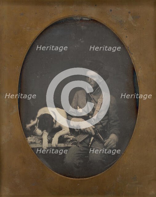 Untitled (Portrait of a Seated Man in Soldier Uniform with a Dog Lying to the Left of him), 1855. Creator: Unknown.