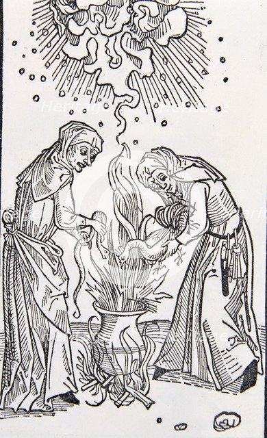 Engraving from the German work 'Treaty of evil women called witches' by Dr. Ulrich Molitor, publi…