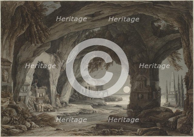 Ideal landscape with rock grotto, tombs and ruins in the moonlight, c. 1790. Creator: Kobell, Franz Innocenz Josef (1749-1822).