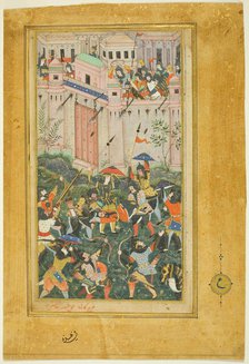 Kichik Beg Wounded during Babur's Attack on Qalat, from a copy of the Baburnama..., c. 1590. Creator: Kanha.