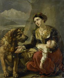 A Saint Bernard Dog Comes to the Aid of a lost Woman with a sick Child, 1827. Creator: Charles Picque.