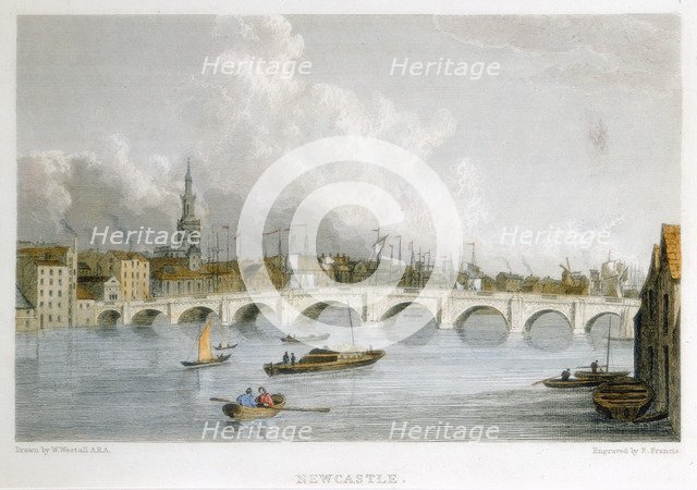 Stone arched bridge across the Tyne at Newcastle-upon-Tyne, England, c1830.  Artist: R Francis