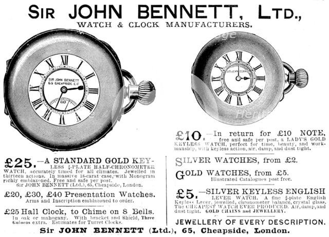Advertisement for Sir John Bennett, Ltd., Watch & Clock Manufacturers, 1895. Creator: Unknown.