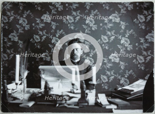 Anton Chekhov in his study in Yalta, 1895-1900. Artist: Anonymous  