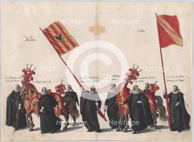 Plate 33: Men with heraldic flags and horses from Mechelen and Salins marching in the fune..., 1623. Creator: Cornelis Galle I.