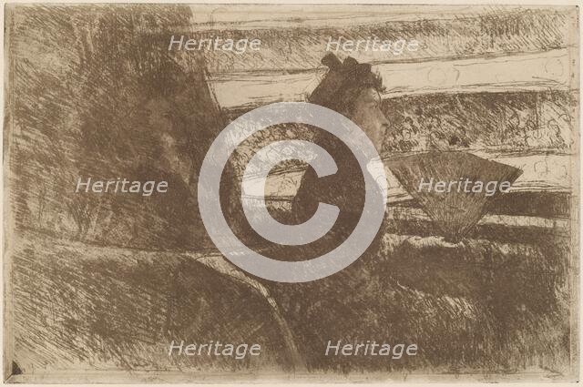 Lady in Black, in a Loge, Facing Right, c. 1880. Creator: Mary Cassatt.