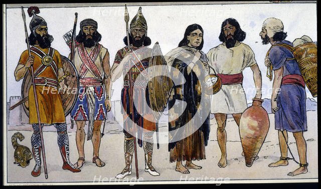 Assyrian warriors alongside slaves, 1900. Creator: Tilke, Max (1869- 1942).