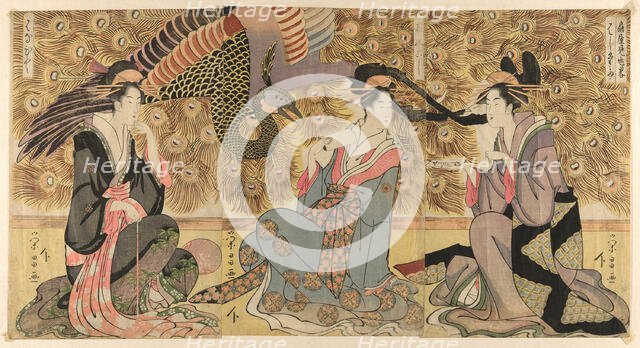 A parody of courtesans on display at the Ogiya (Ogiya mise yatsushi), c. 1795. Creator: Chokosai Eisho.