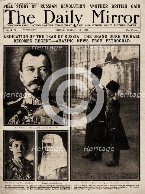 The Daily Mirror Front Page from March 16th, 1917: Abdication of the Tsar of Russia..., 1917. Creator: Historic Object.
