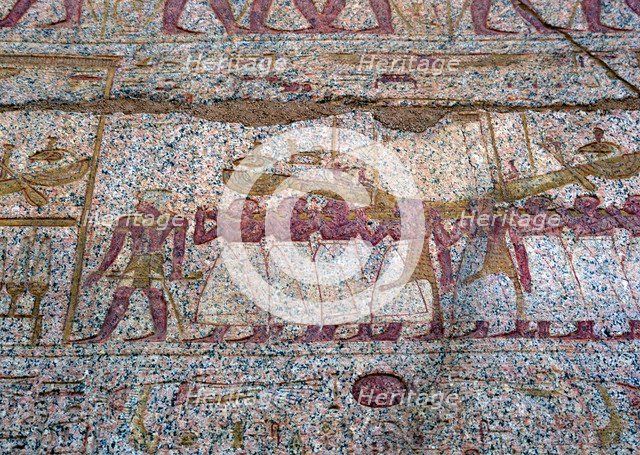 Painted relief showing a Ra sun boat carried in a procession, Ancient Egyptian. Artist: Unknown