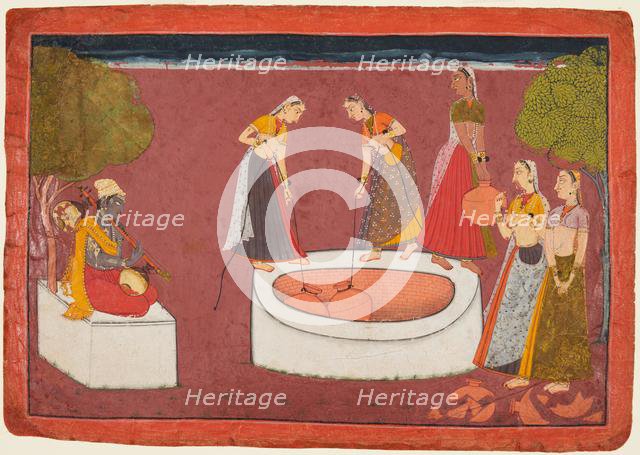 Madhava plays his vina before five women drawing water from a well, from a Madhavanala..., c. 1700. Creator: Unknown.