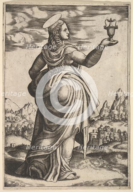The Magdalene standing facing right, jar held in her raised right hand, 1530-60. Creator: Master of the Die.