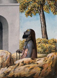 A Hindu ascetic or holy man, left profile view, meditating outside a temple (?), 1880. Creator: Unknown.