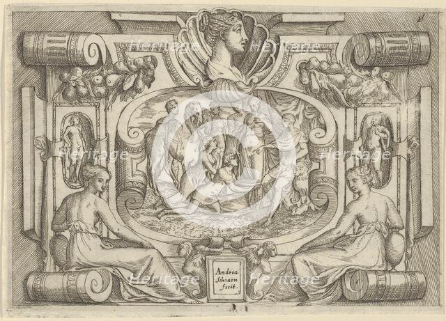 A man and woman offering a platter of coins to a king seated on a throne, set withi..., ca. 1540-80. Creator: Battista del Moro.