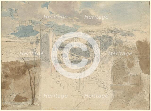 Ruins of a Fortified Tower among Wooded Hills [recto], 1816/1821. Creator: Friedrich Salathe.