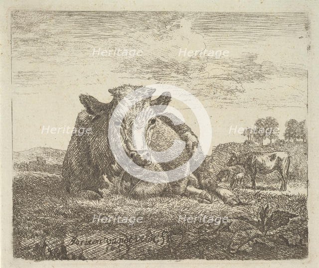 Recumbent Cow, from Different Animals, 1657. Creator: Adriaen van de Velde.