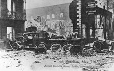 Barricade of cars, Anti-English Irish uprising, Dublin, May 1916. Artist: Unknown